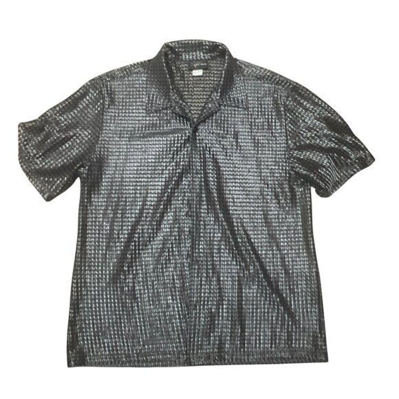 Pop Icon Mens XL Black & Silver Mesh Short Sleeve Button-Up Shirt Made In USA - Picture 2 of 6